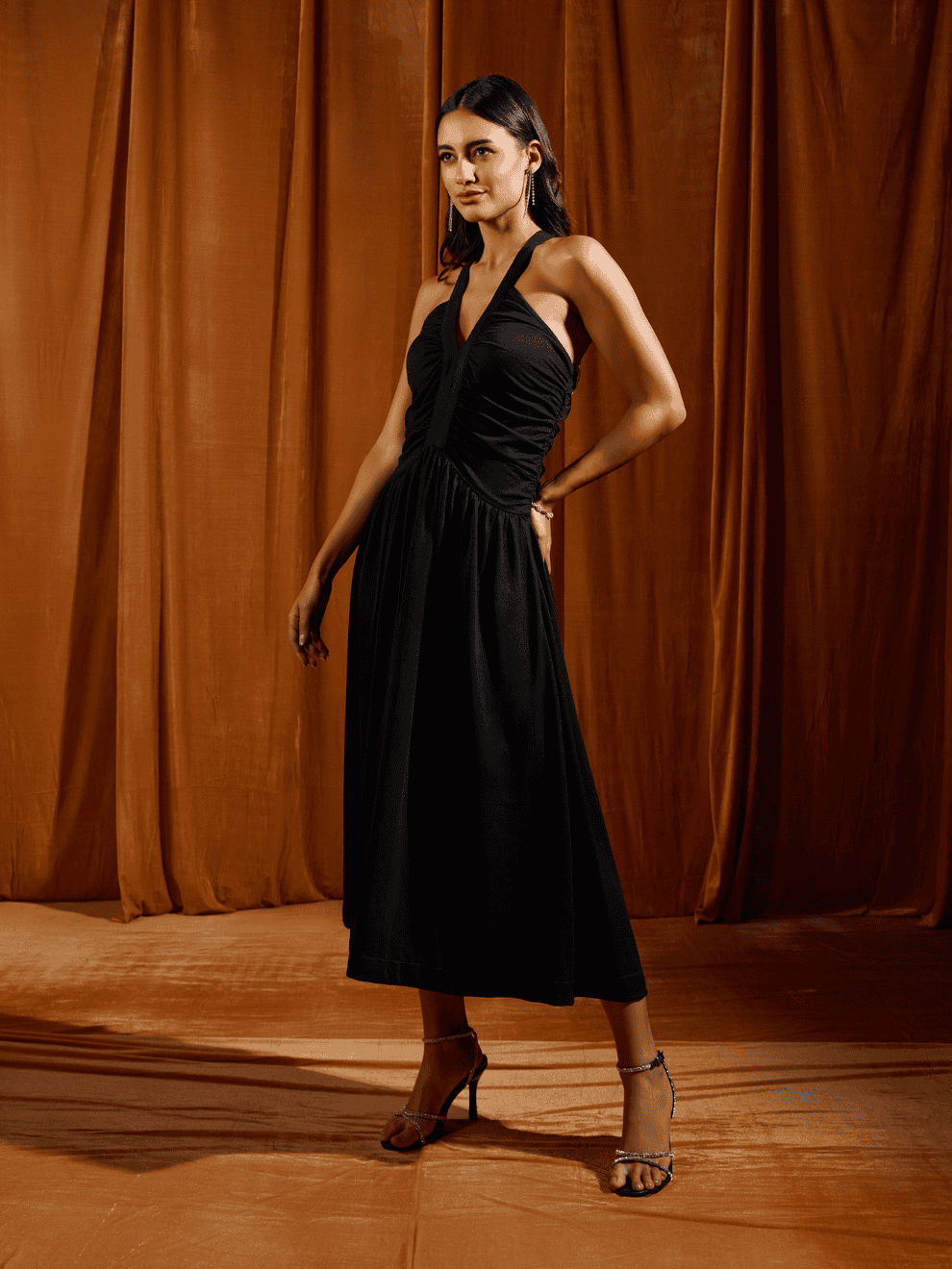 Black Ruched Cross Strapped Midi Dress