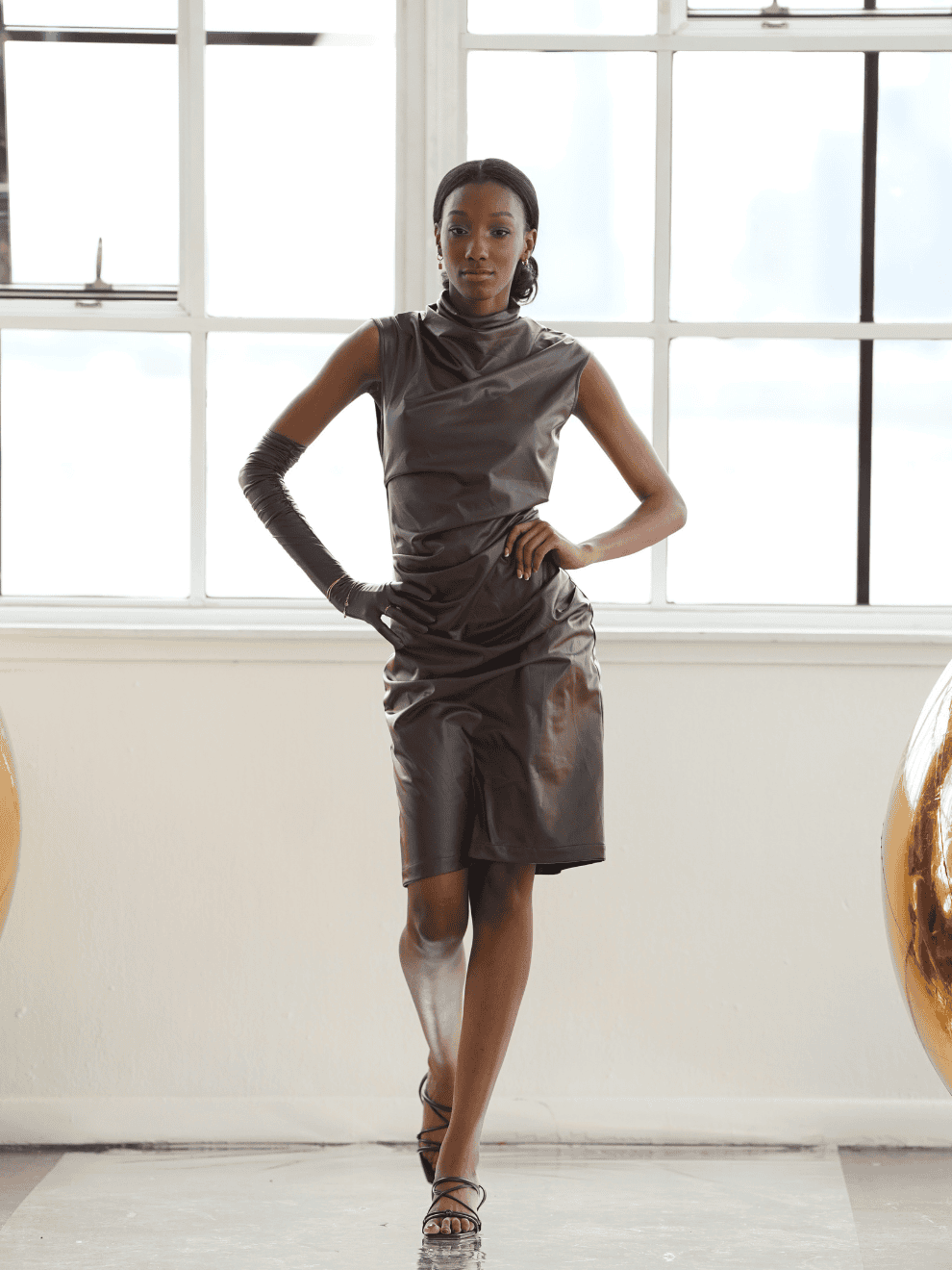 Mocha Faux Leather Draped Midi Dress Mocha Faux Leather Draped Midi Dress