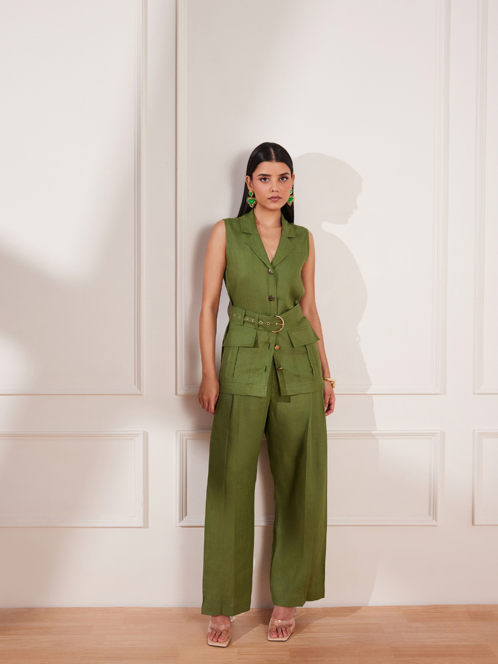 Moss Green Hemp Sleeveless Jacket & Trousers