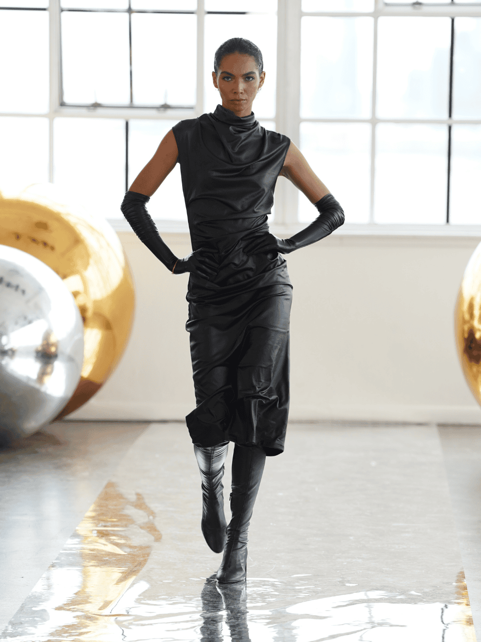 black draped midi dress SIMKHAI Women's Burke Draped Dress in Black, Size 10