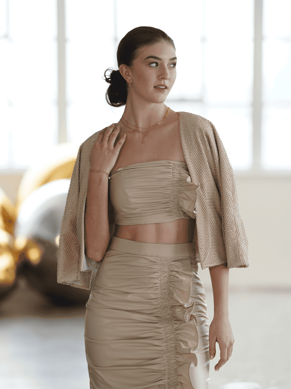 Creme Faux Leather Bolero Jacket with Mesh Detail