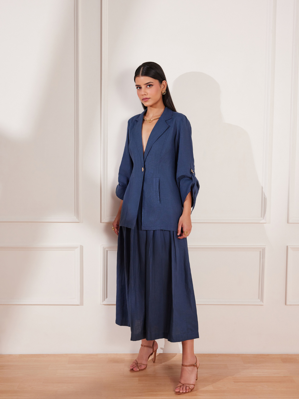 Moroccan Blue Hemp Single Button Jacket & Skirt