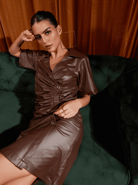 Mocha Faux Leather Side Placket Ruched Dress