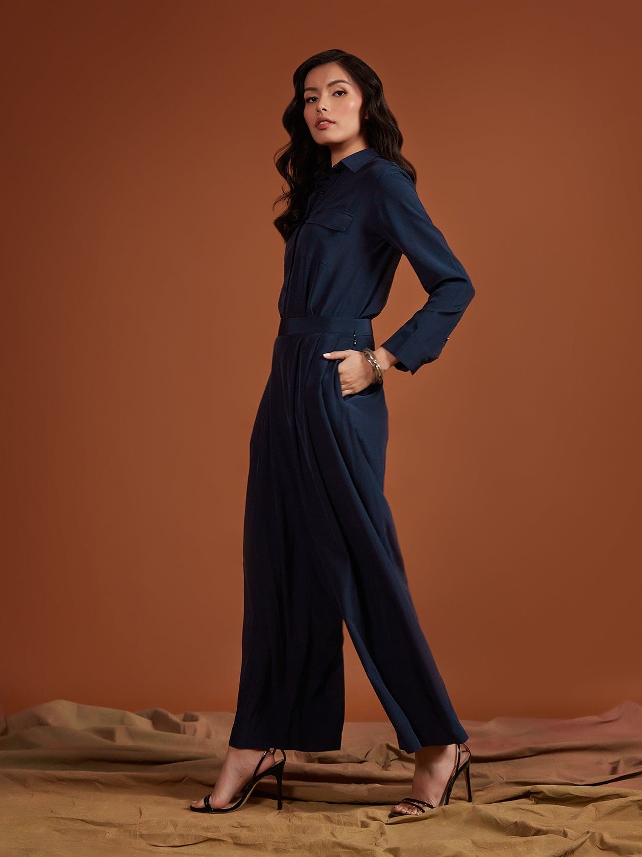 Navy Pearl Satin Trousers