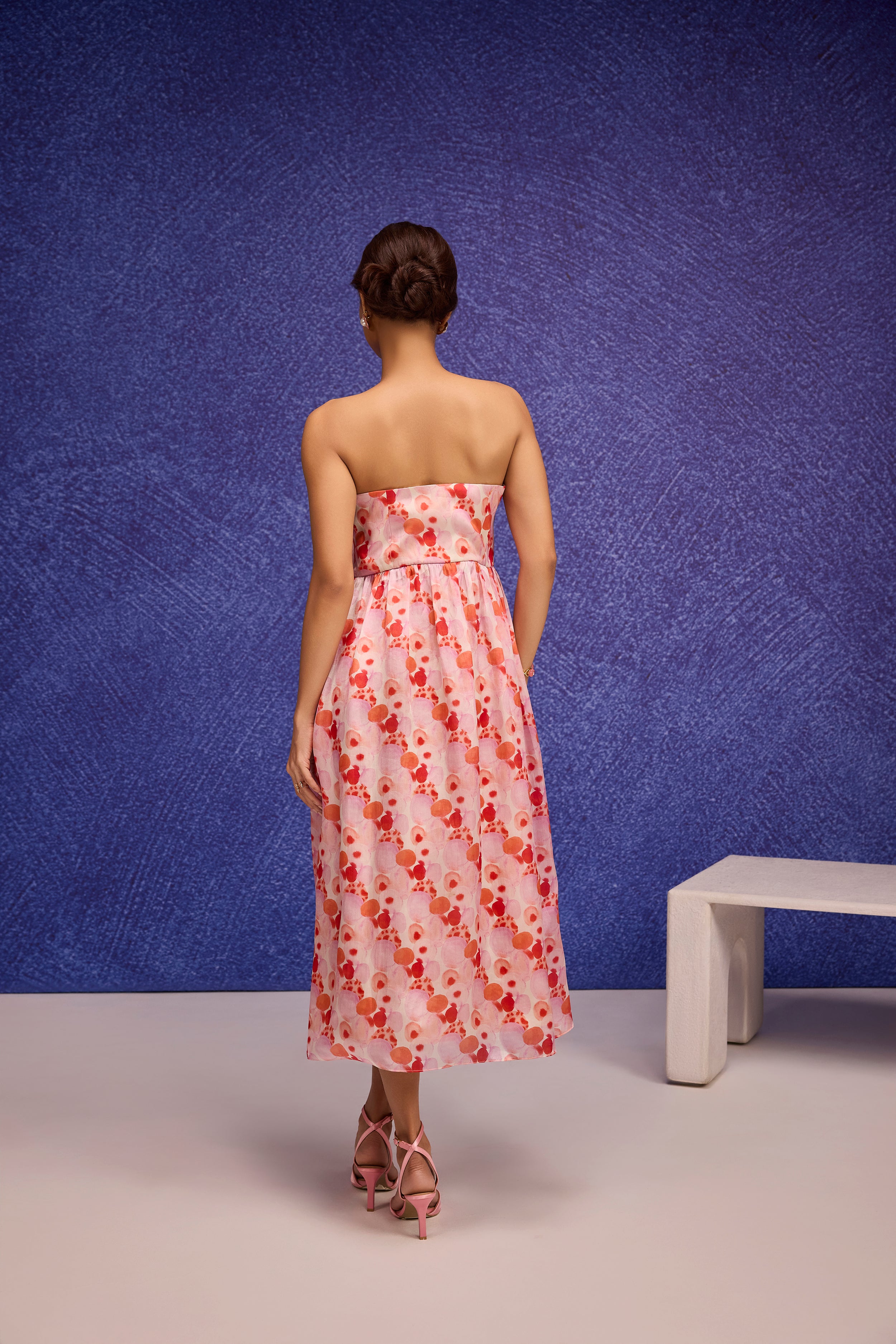 Red Silk Organza Side Gather Tube Dress