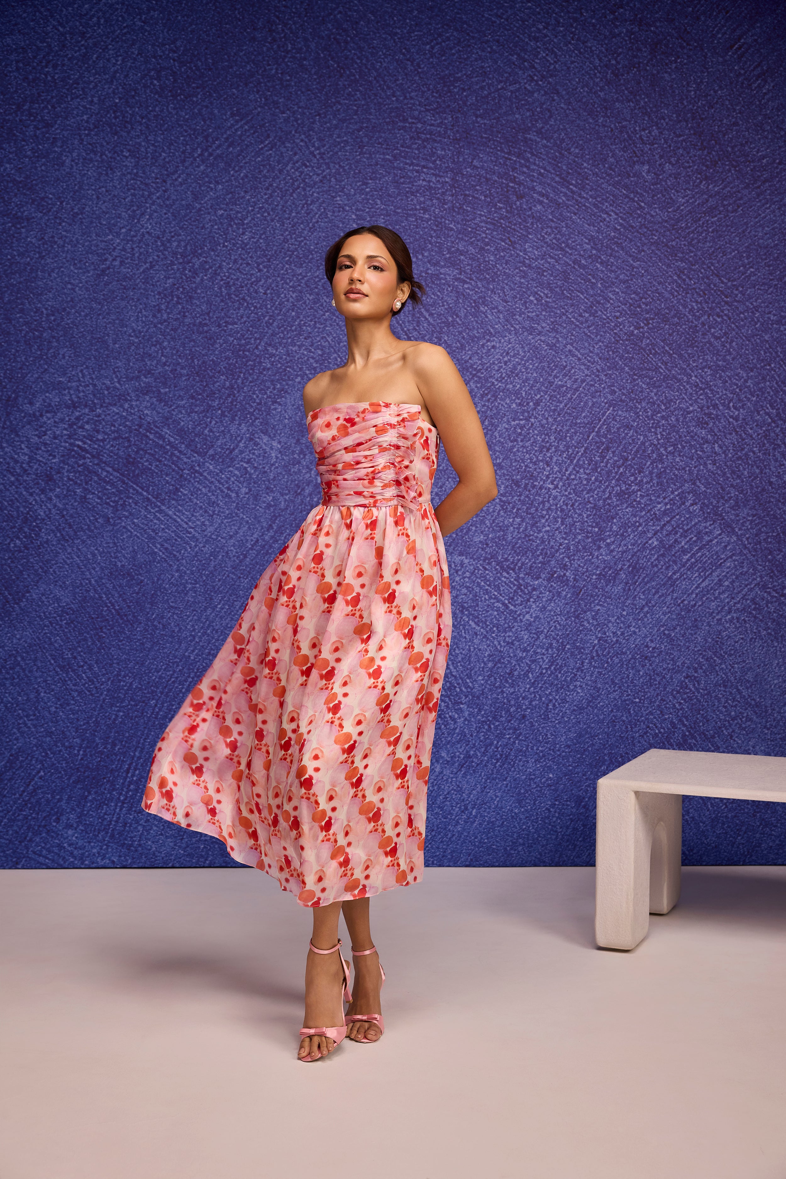 Red Silk Organza Side Gather Tube Dress