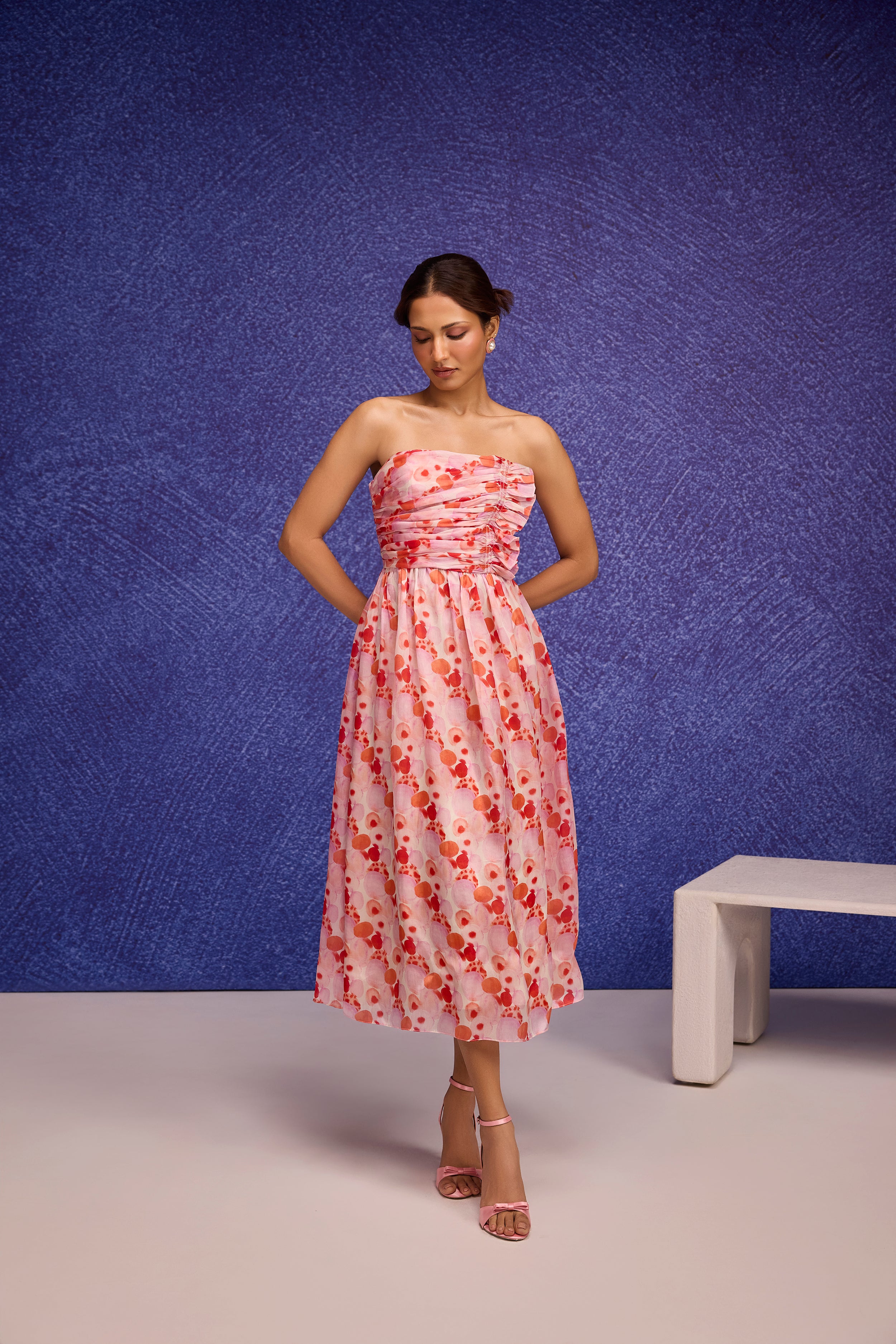Red Silk Organza Side Gather Tube Dress