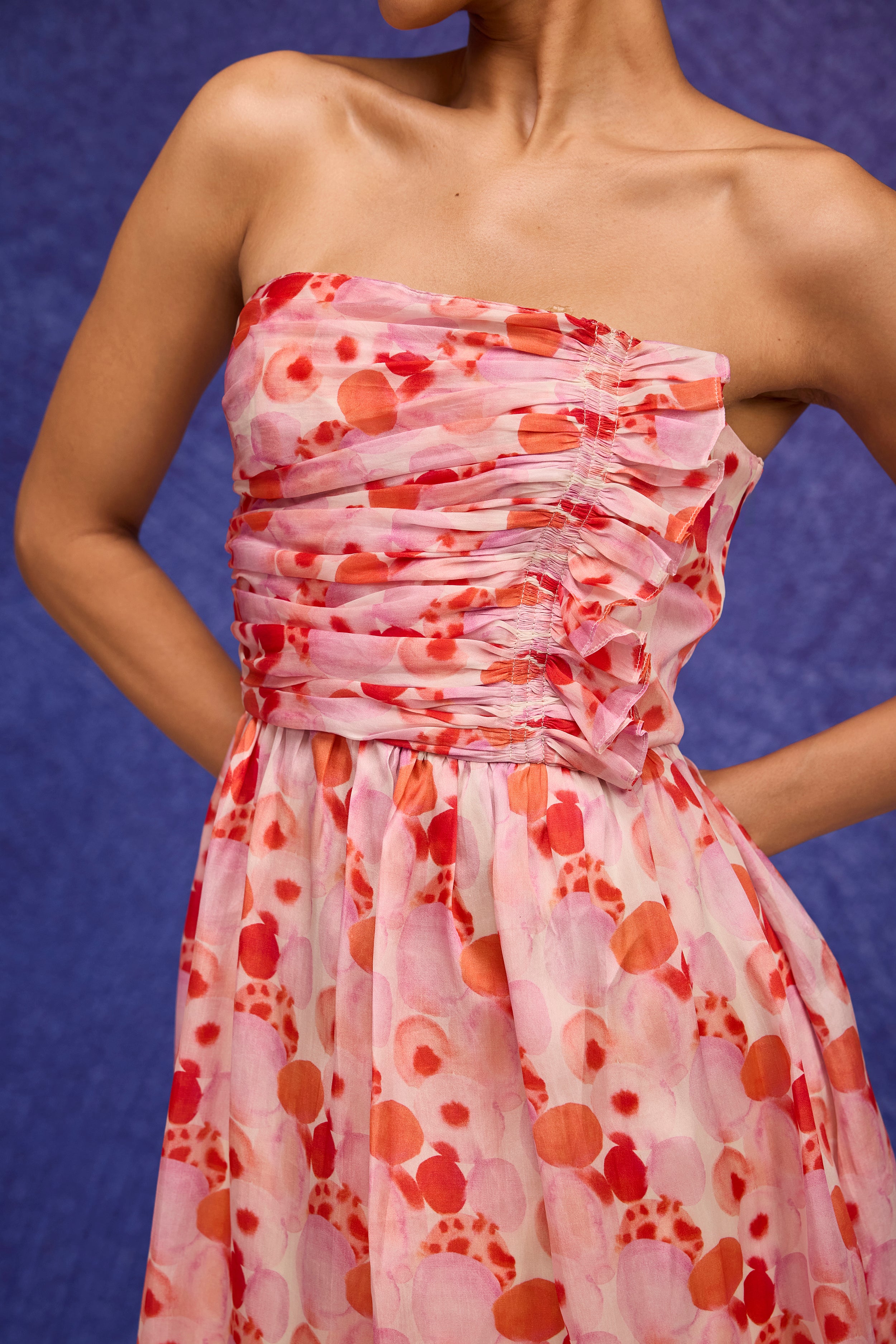 Red Silk Organza Side Gather Tube Dress