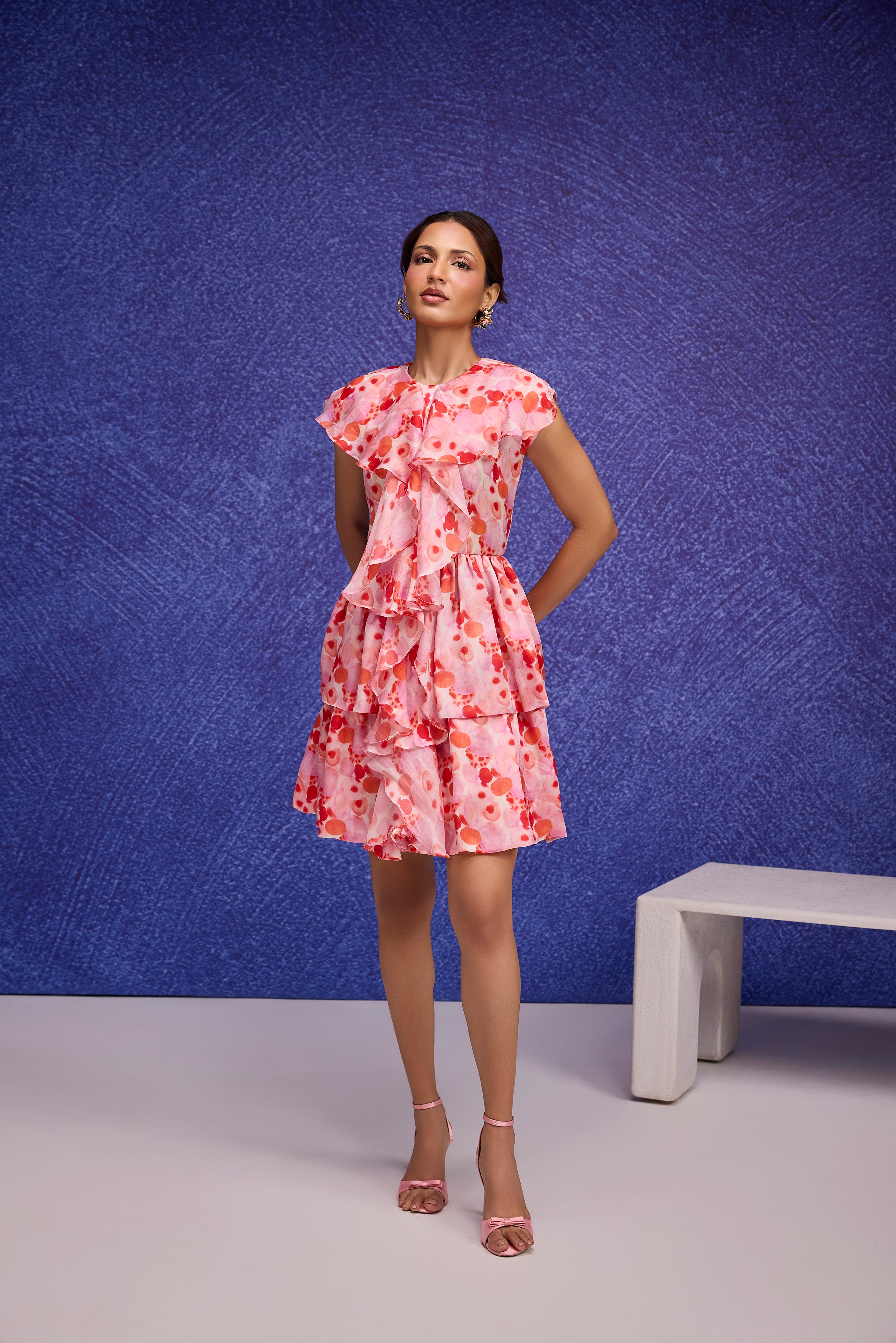 Red Silk Organza Ruffle Dress