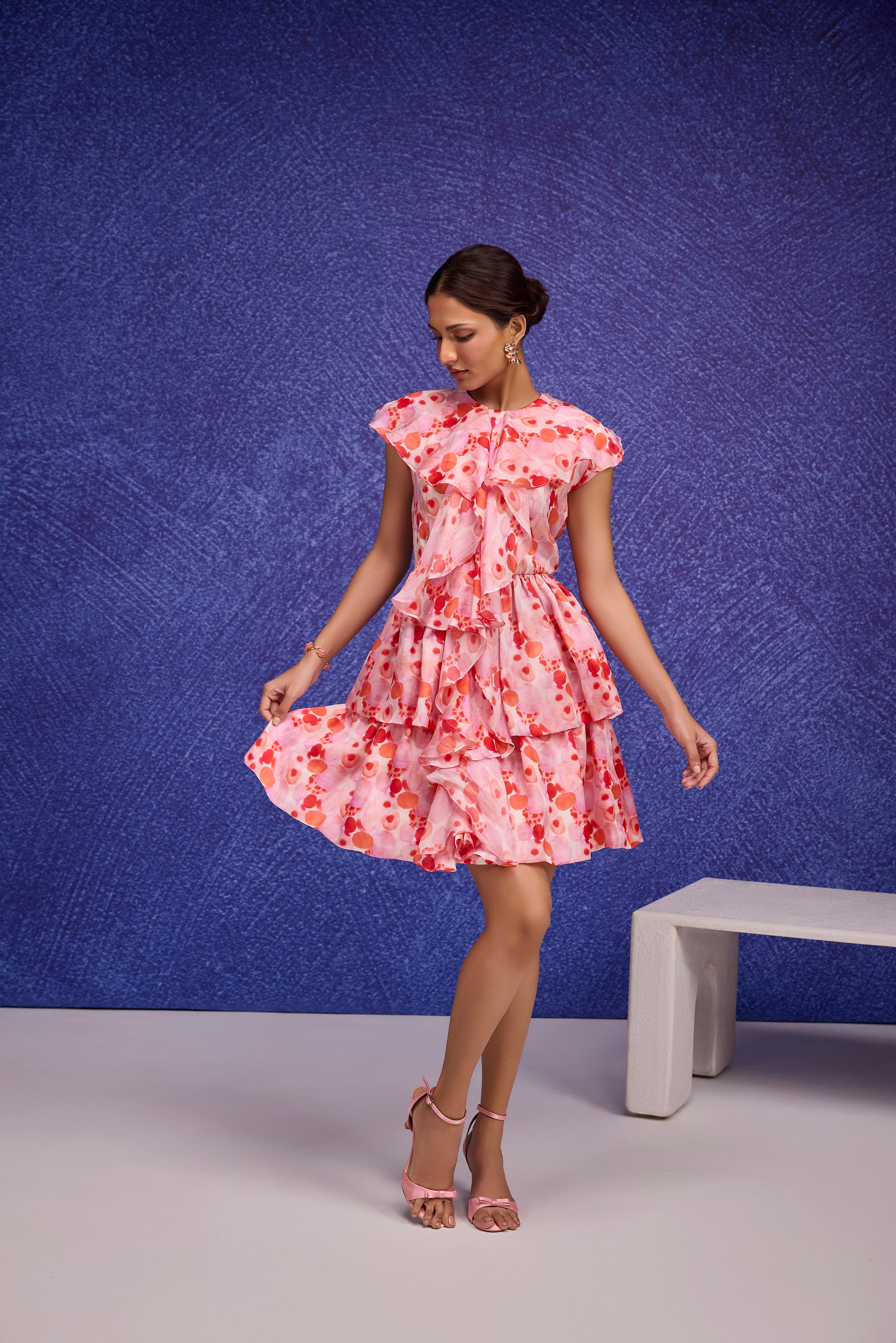 Red Silk Organza Ruffle Dress