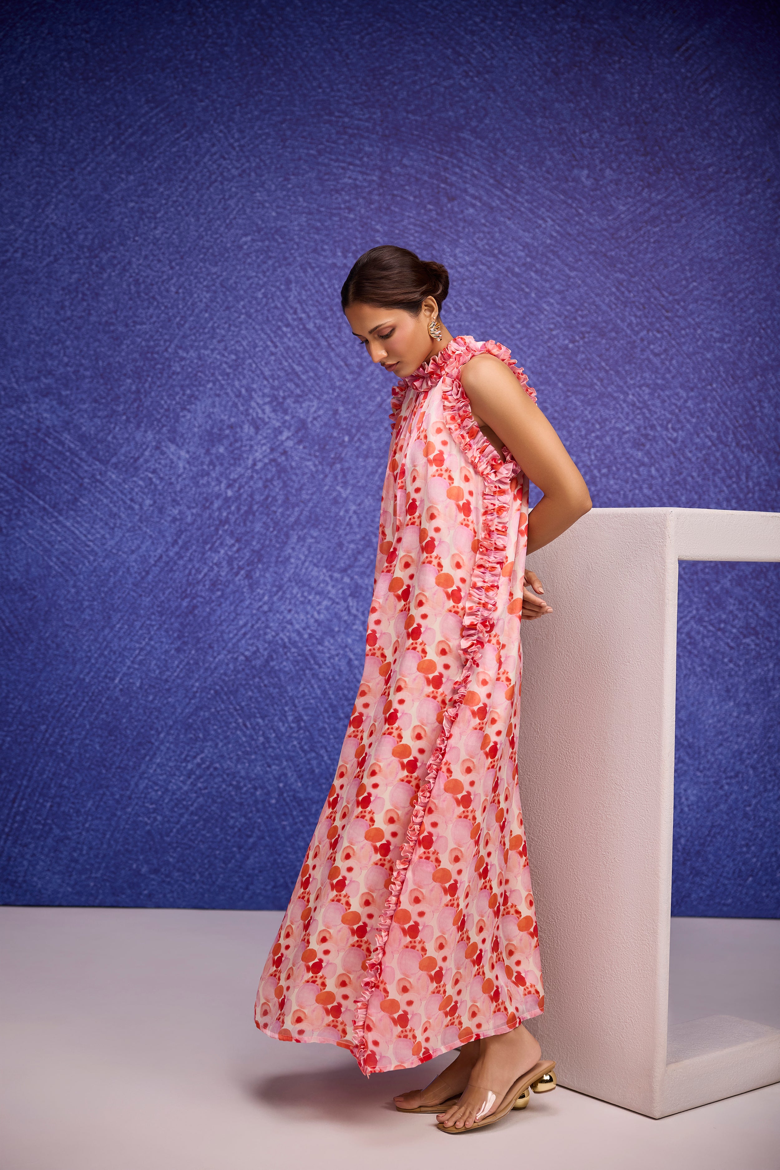 Red Silk Organza Long Dress with Ruffle Detail