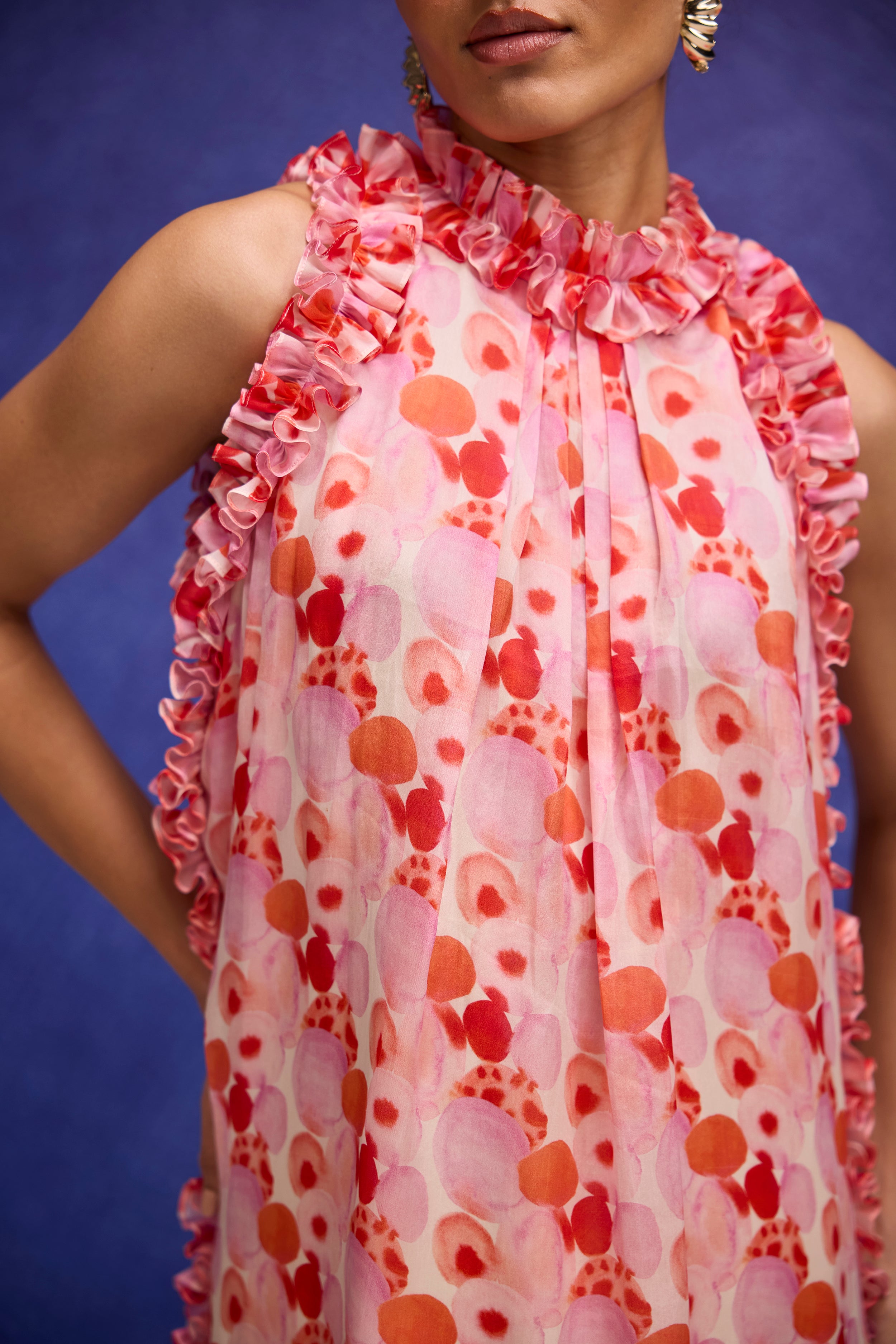 Red Silk Organza Long Dress with Ruffle Detail