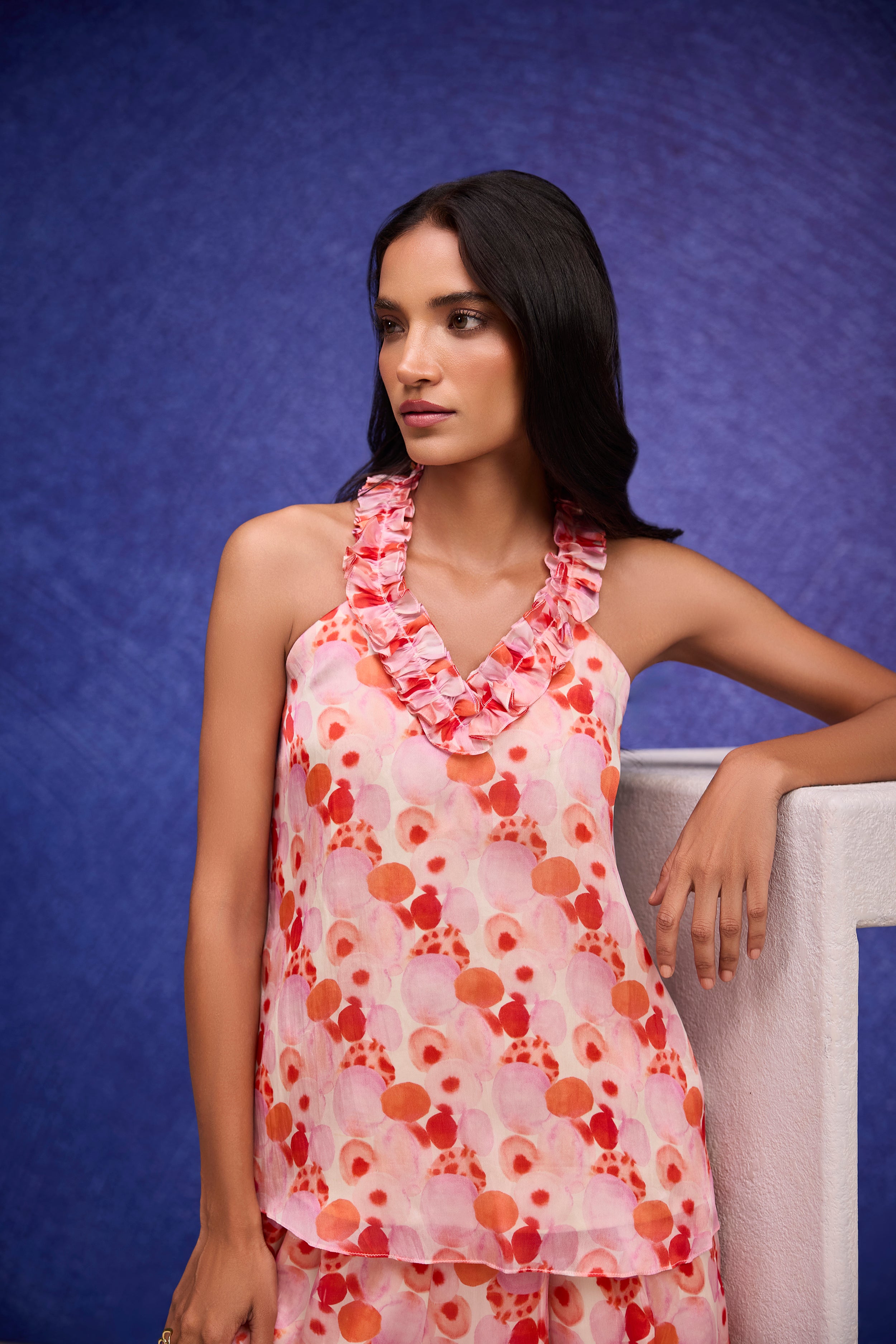 Red Silk Organza Halter Neck Top & Flared Pants