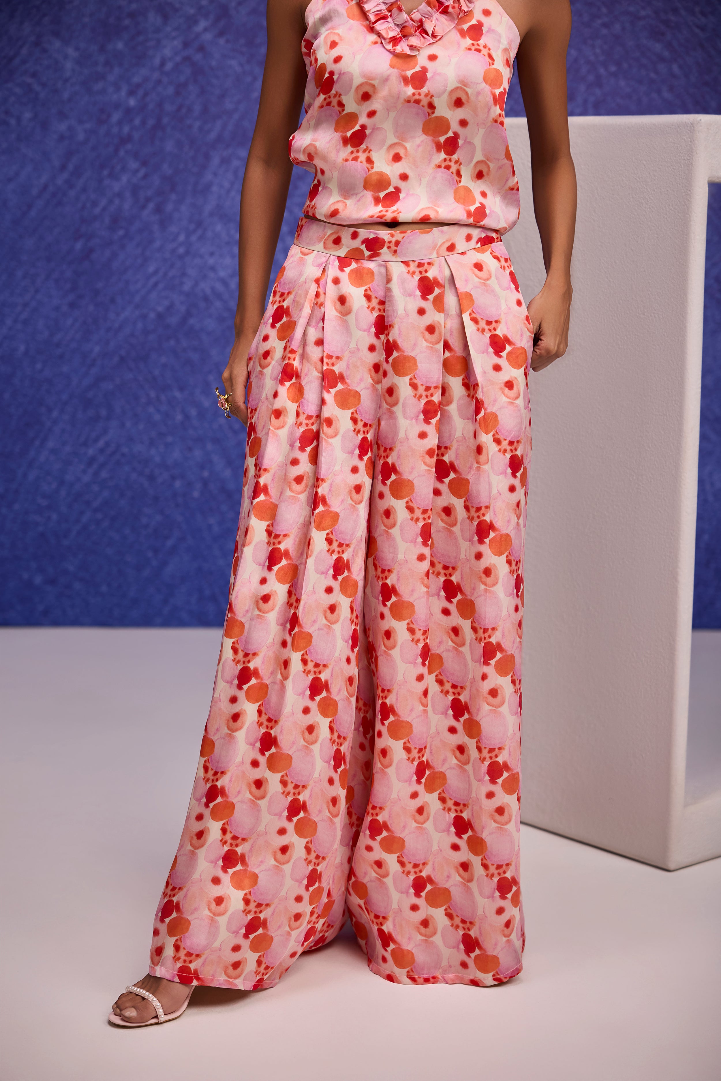 Red Silk Organza Halter Neck Top & Flared Pants