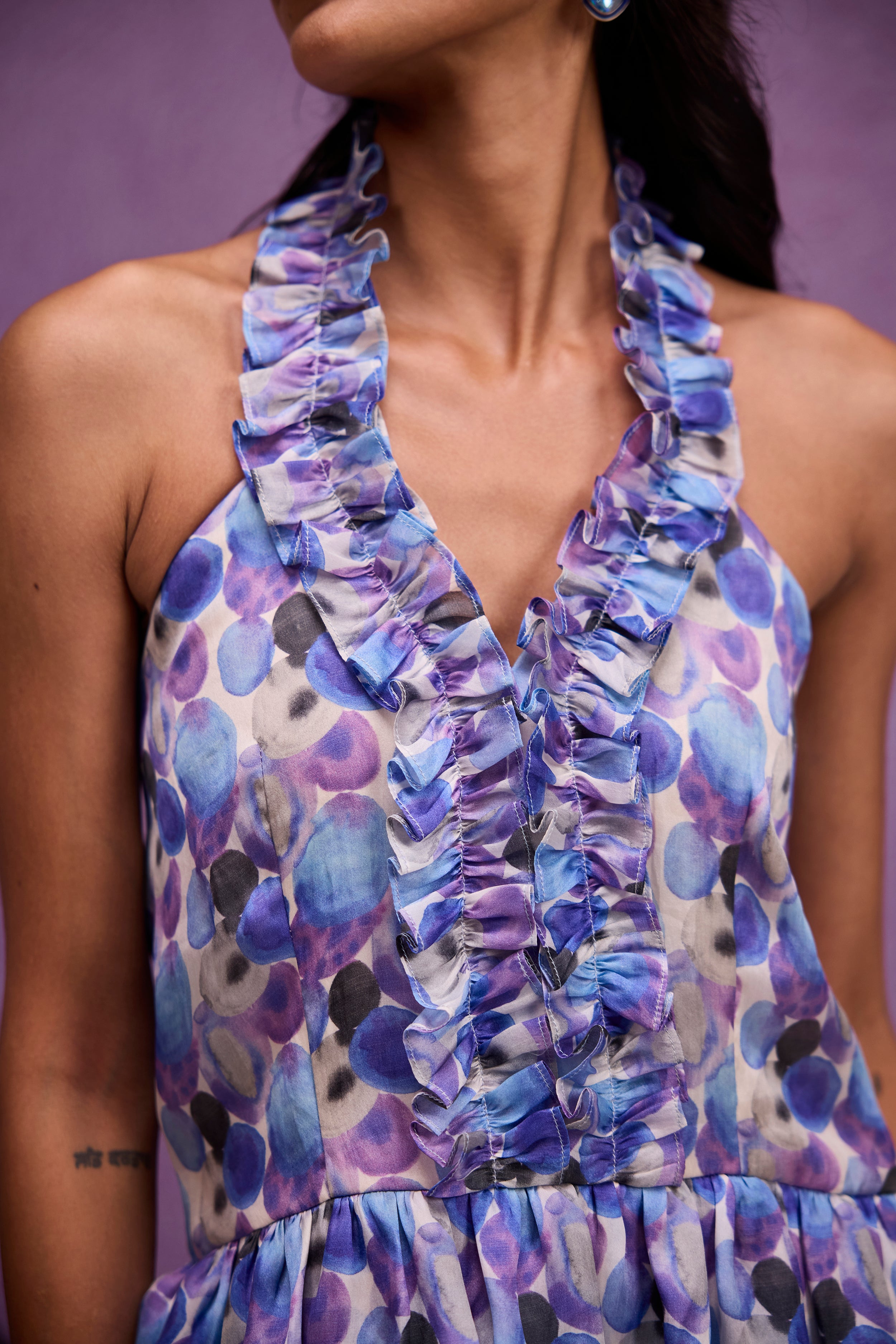 Blue Silk Organza Tier Ruffle Halter Mini