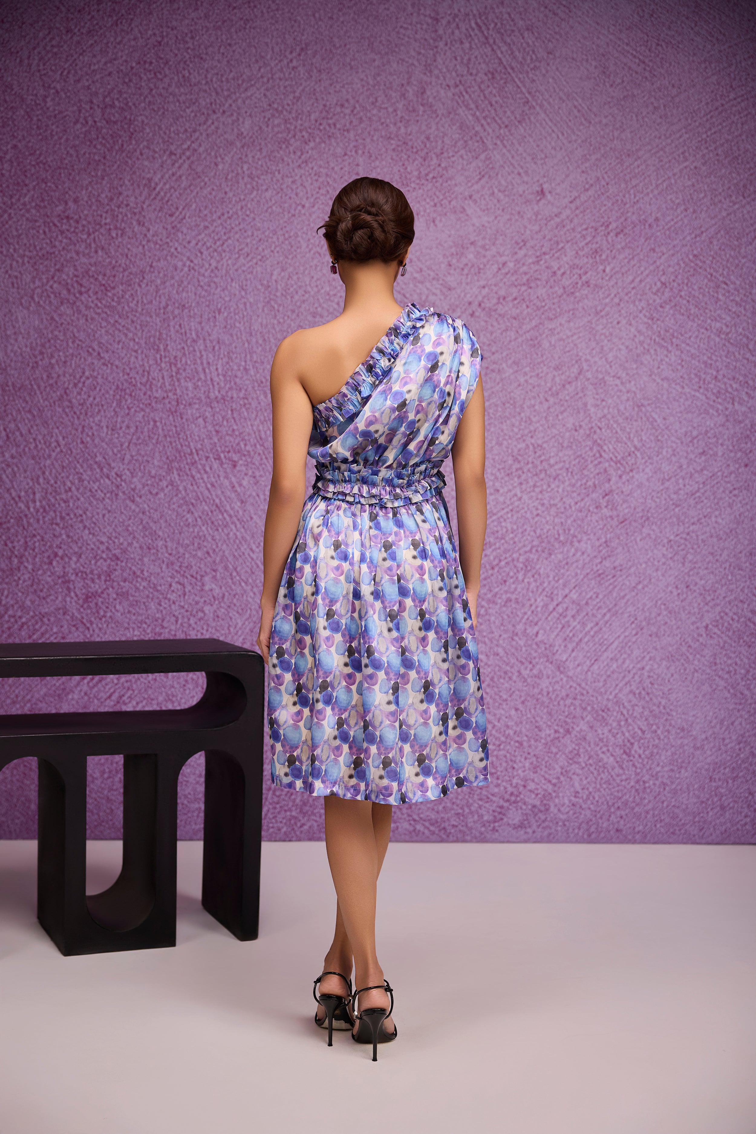 Blue Silk Organza One Shoulder Dress