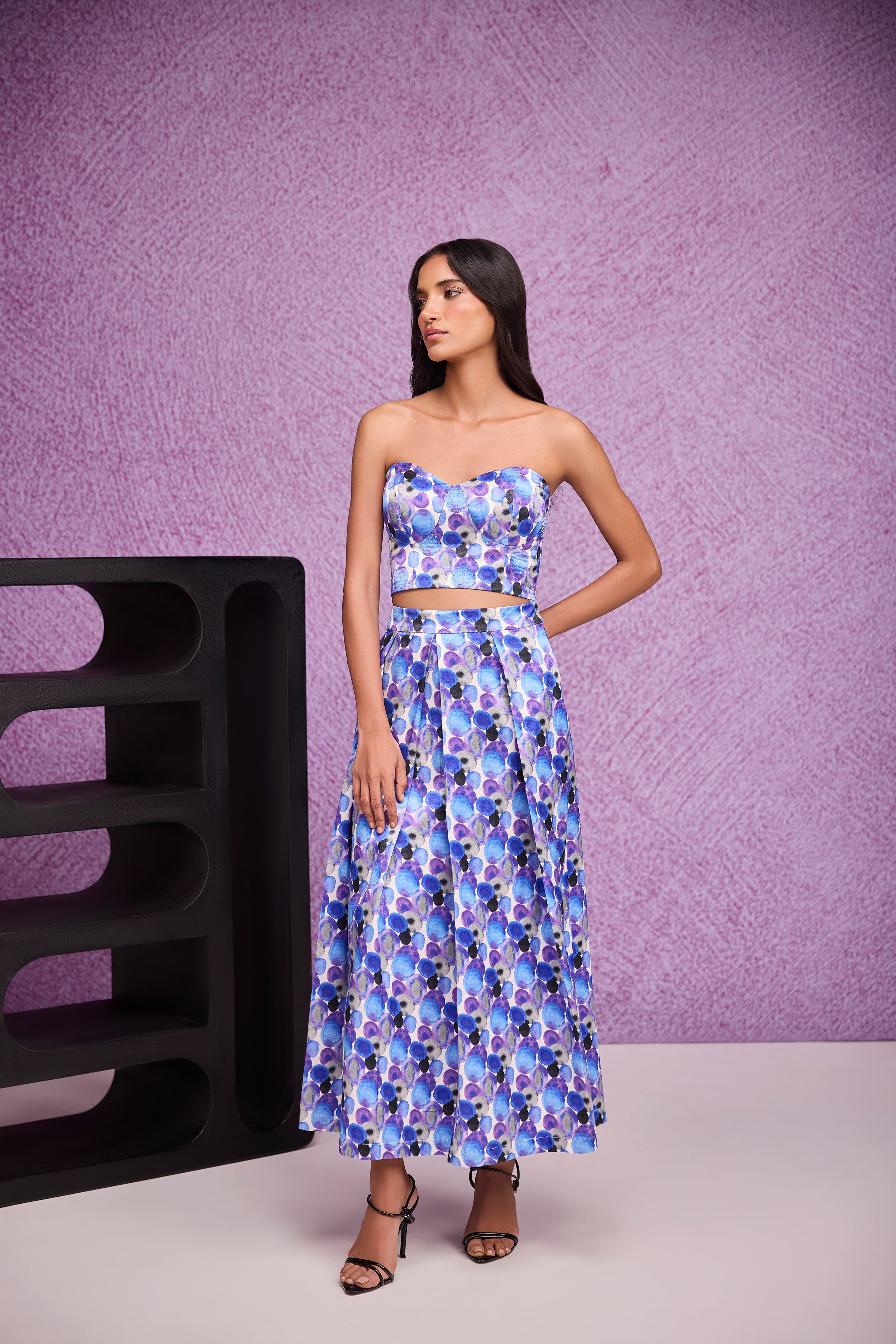 Blue Embroider Gajji Silk Bustier & Pleat Skirt