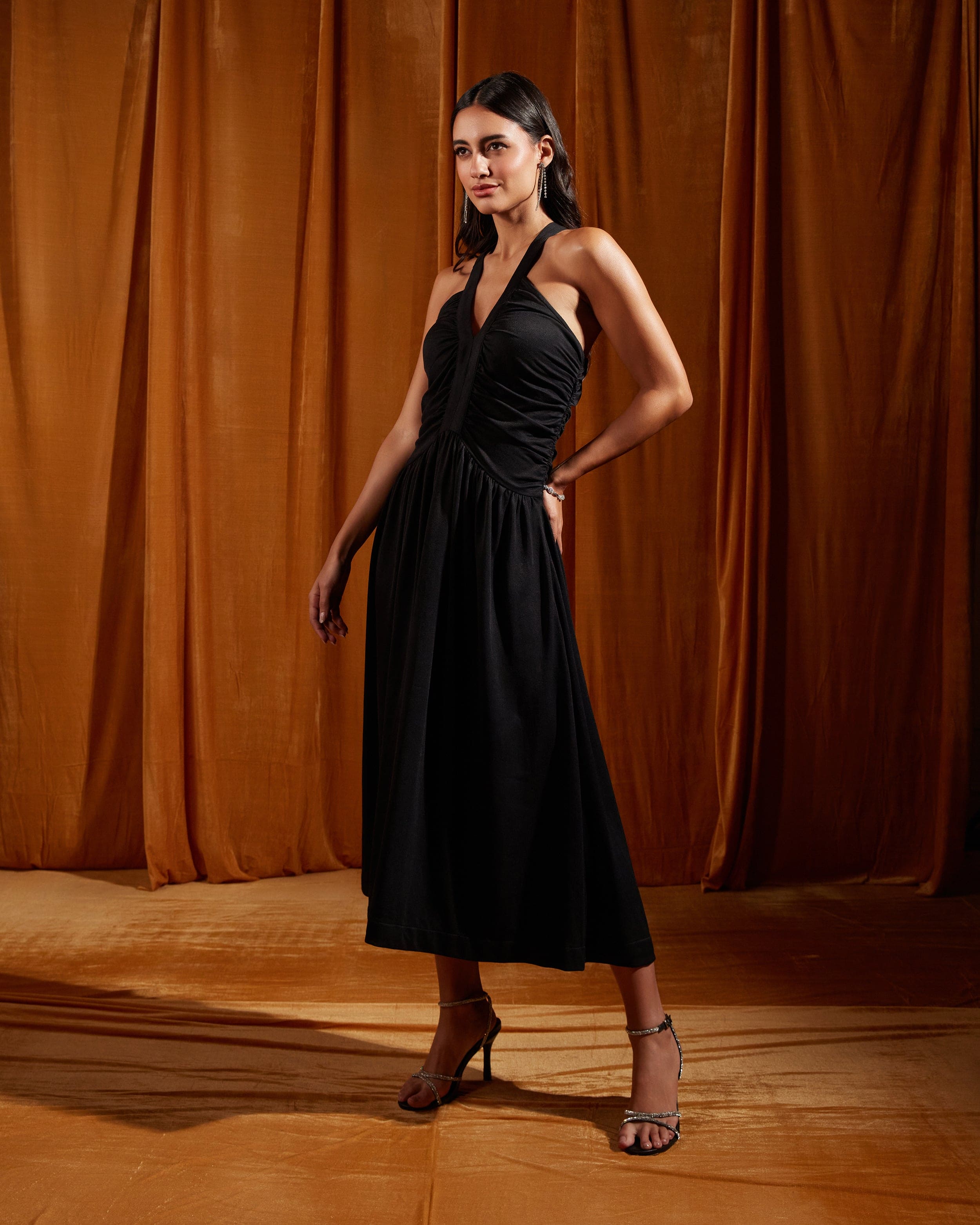 Black Ruched Cross Strapped Midi Dress