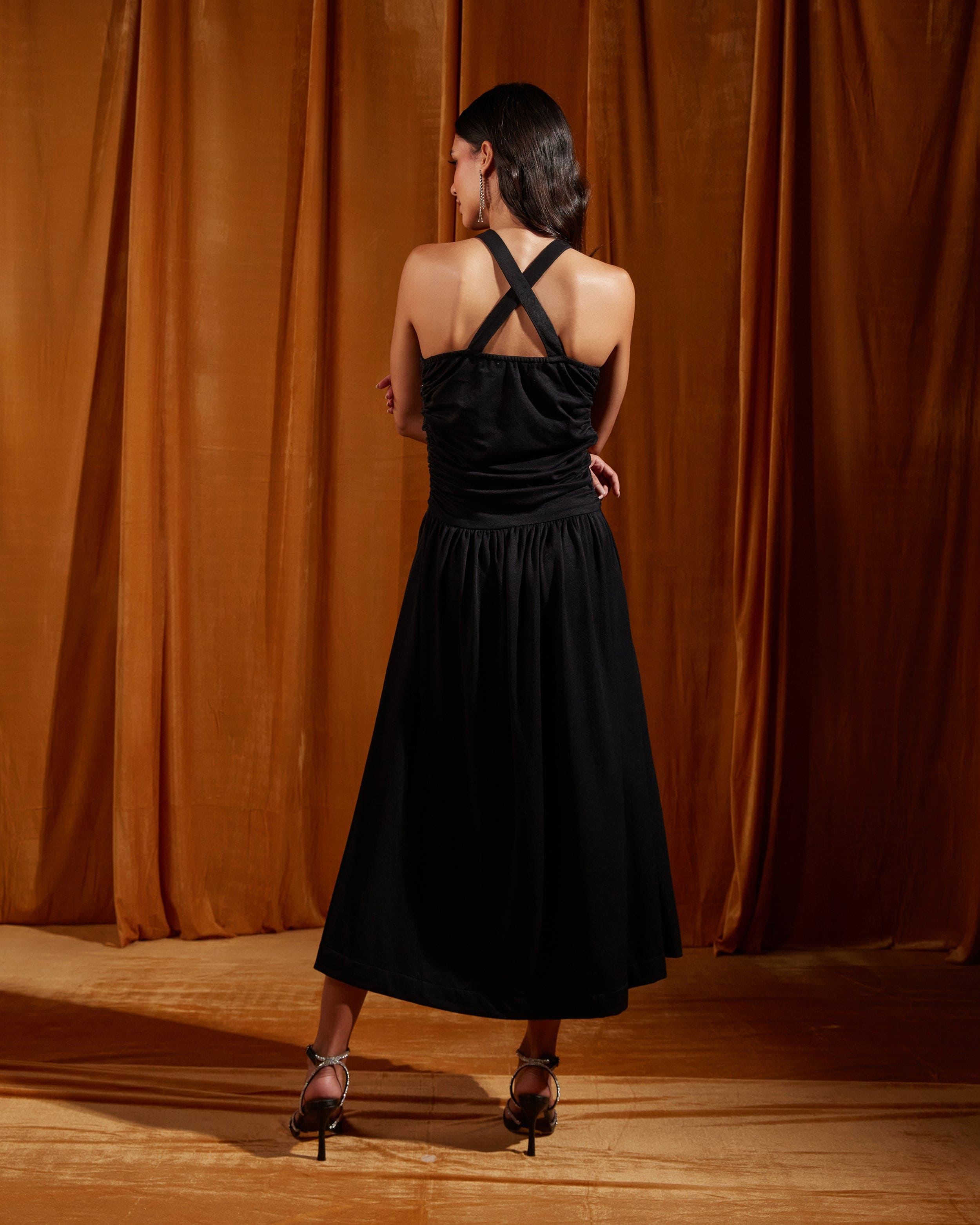 Black Ruched Cross Strapped Midi Dress