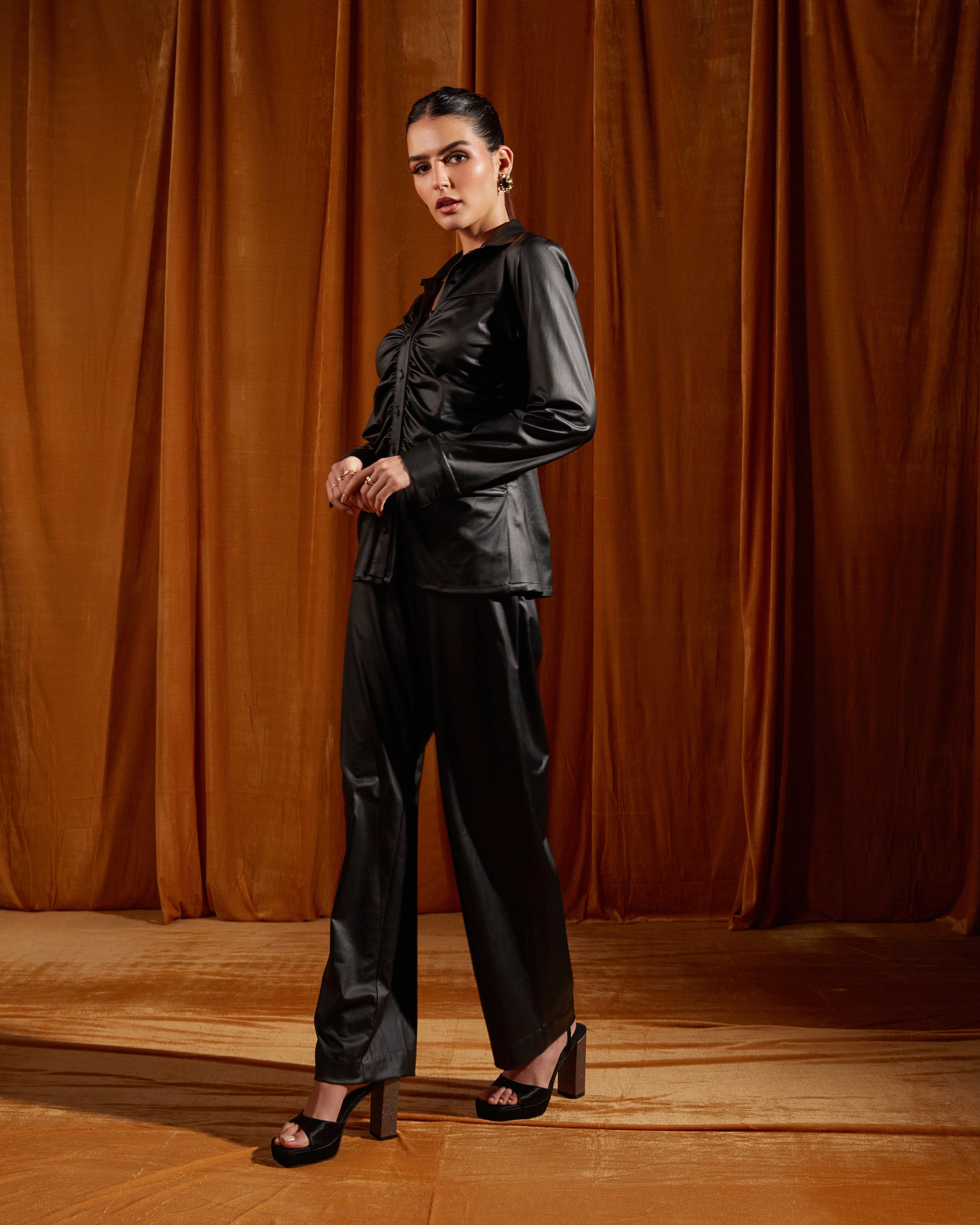 Black Bustier Shirt & Straight-Fit Trousers