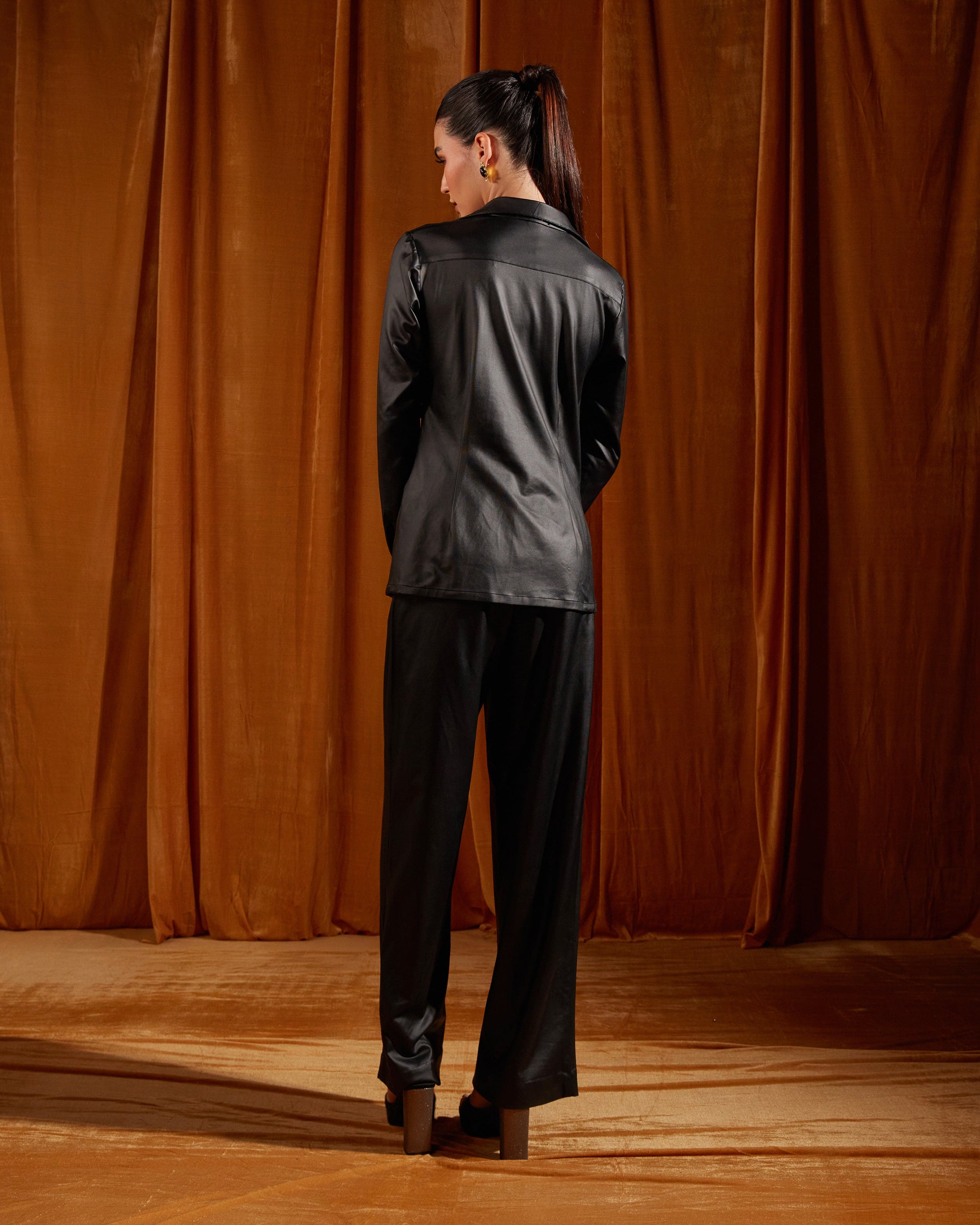 Black Bustier Shirt & Straight-Fit Trousers
