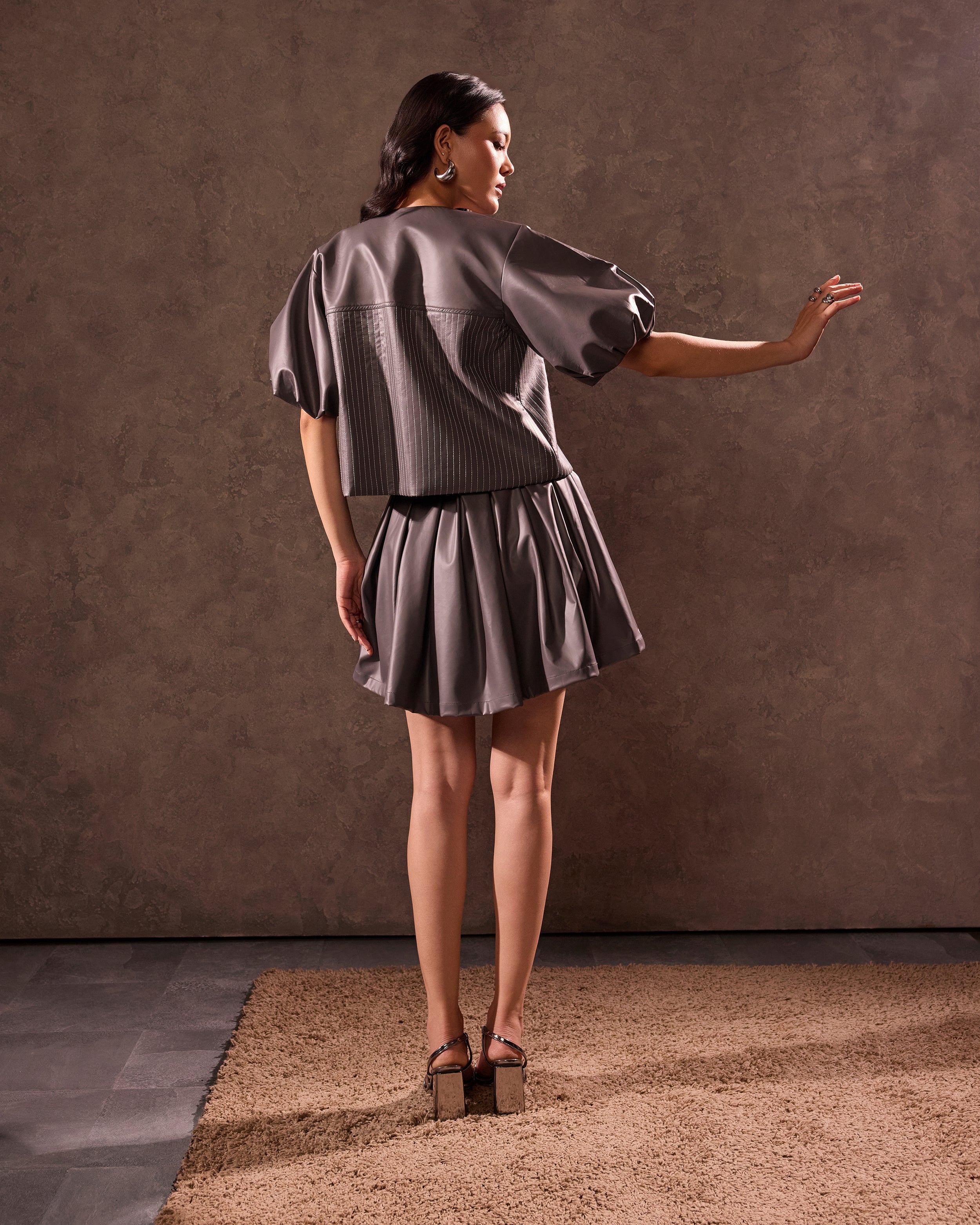 Grey Faux Leather Bubble Sleeve Crop Jacket & Box Pleat Mini Skirt
