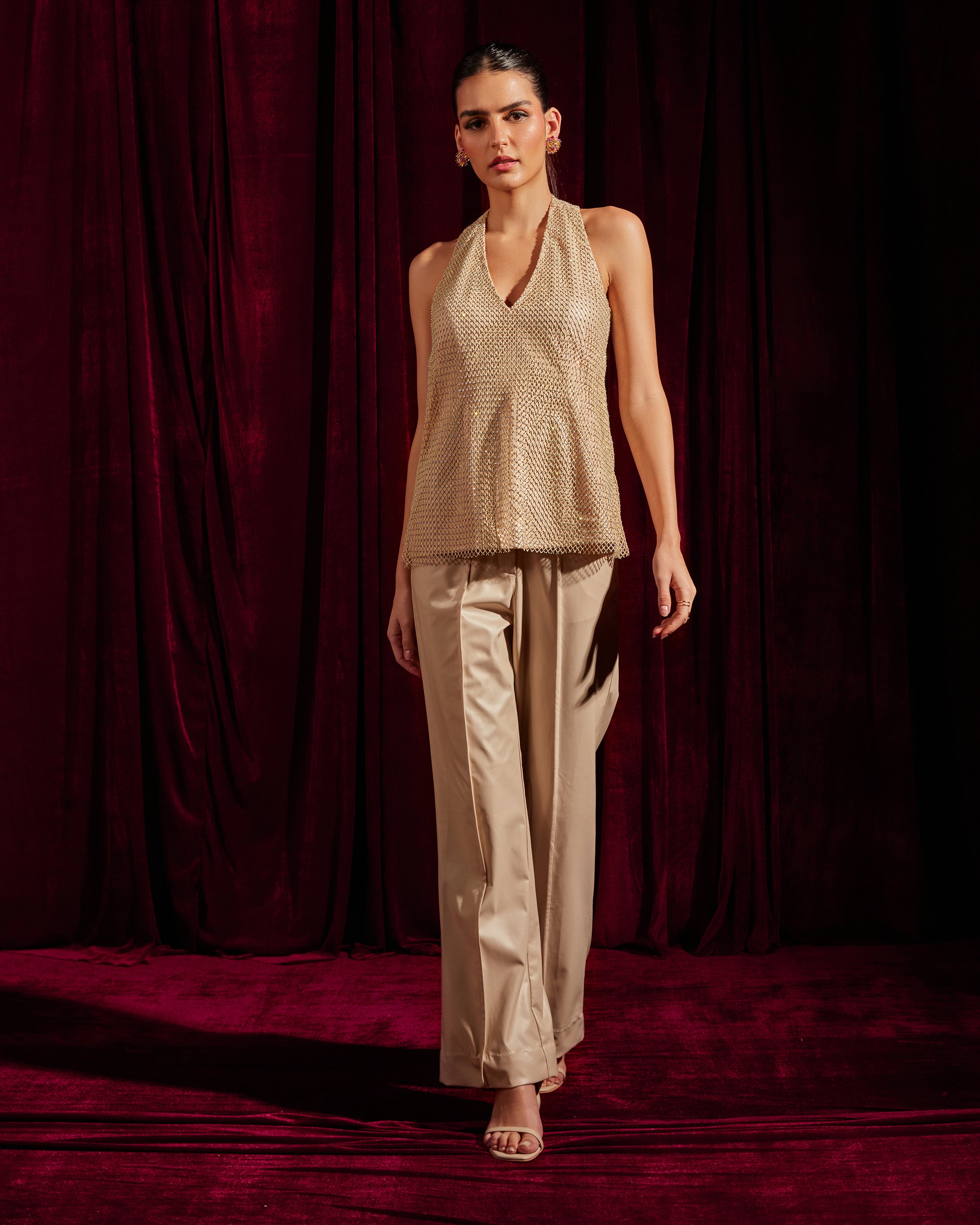 Crème Faux Leather Mesh Halterneck Top & Pants