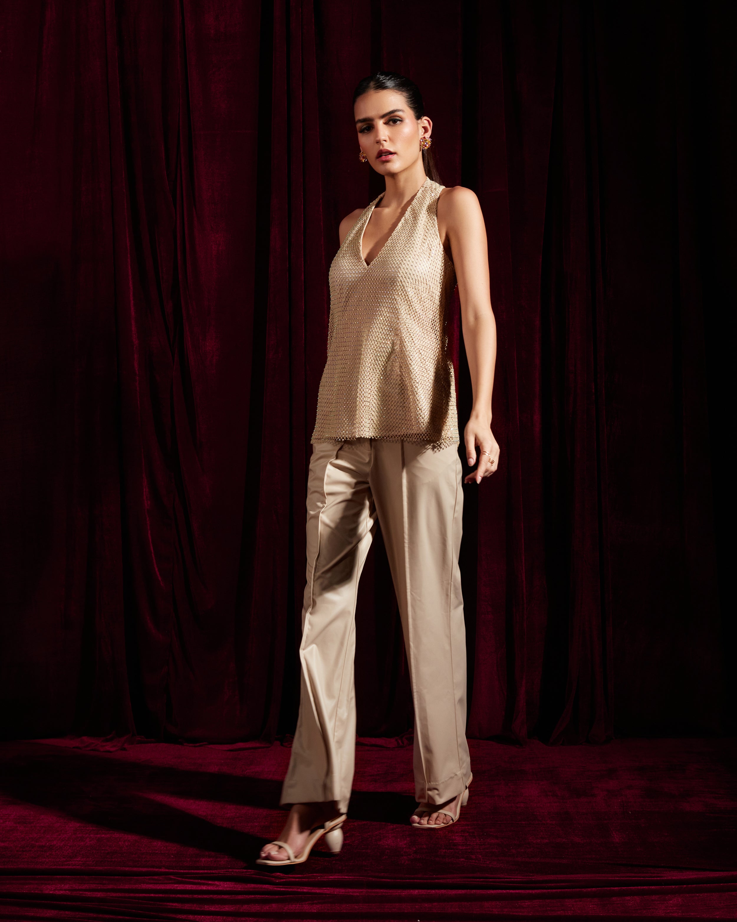 Crème Faux Leather Mesh Halterneck Top & Pants