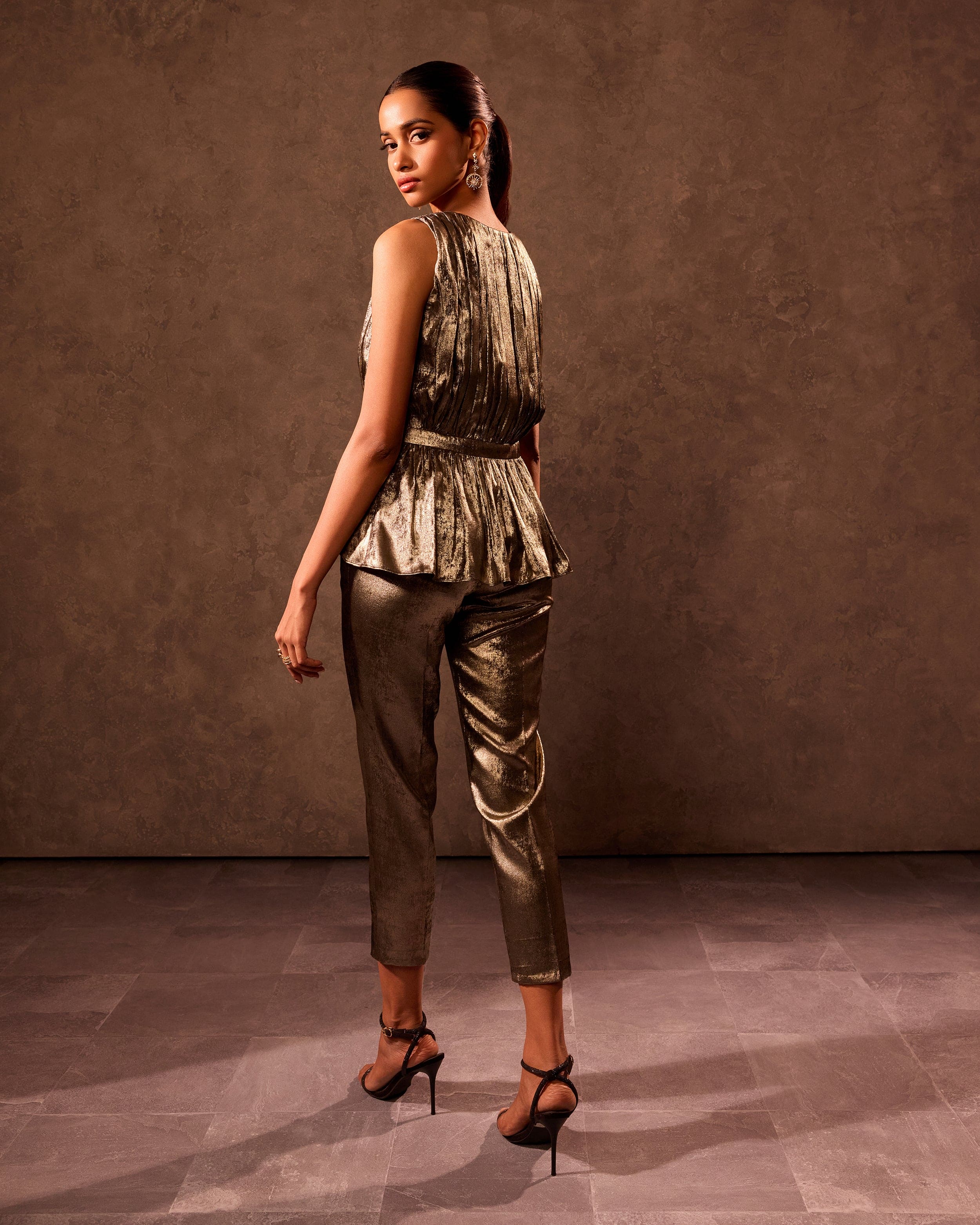 Gold Asymmetric Hem Top and Straight Fit Trousers