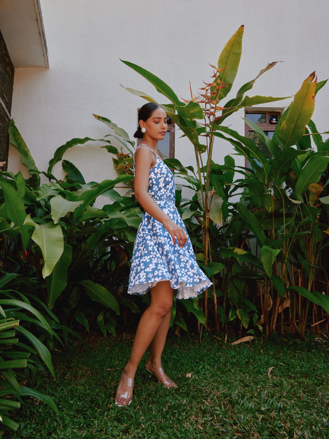 blue blooms printed fit and flare dress