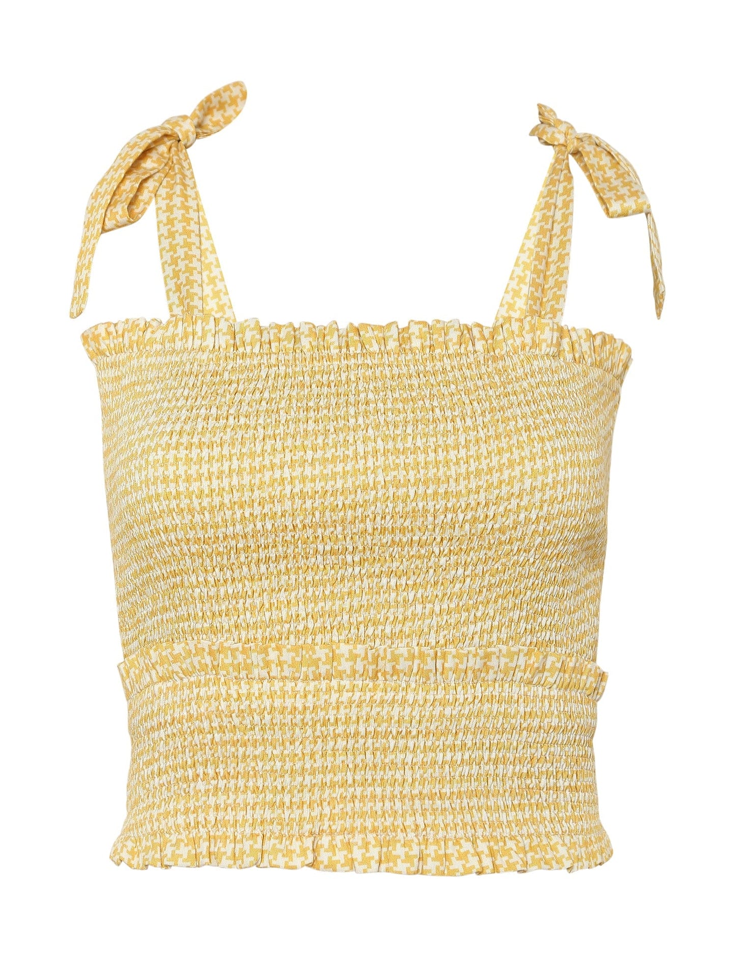 sun-kissed yellow houndstooth printed smocked bustier