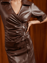 Mocha Faux Leather Side Placket Ruched Dress