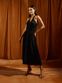 Black Ruched Cross Strapped Midi Dress