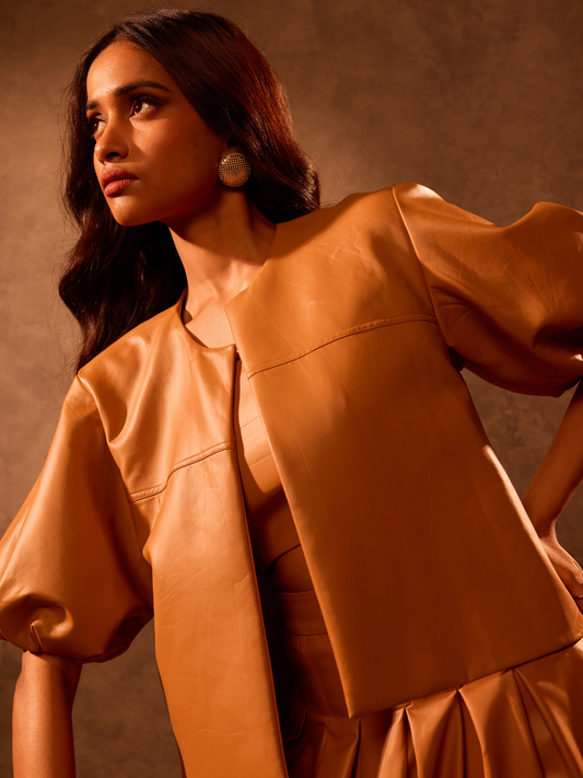 Tan Faux Leather Bubble Sleeve Crop Jacket