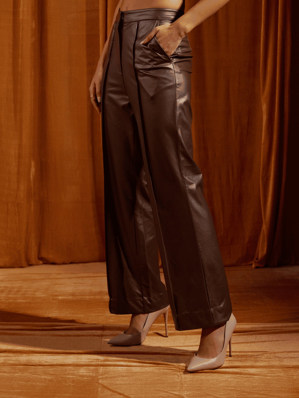 Mocha Faux Leather Straight-Fit Trousers