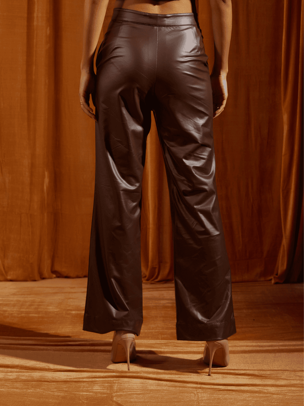 Mocha Faux Leather Straight-Fit Trousers