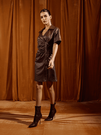 Mocha Faux Leather Side Placket Ruched Dress