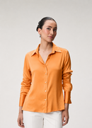 Coral Silk Shirt & Coral Side Ruched Silk Skirt