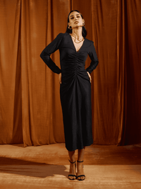 Black Ruched Full Sleeve Midi Dress