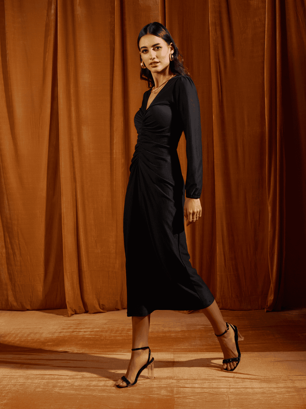 Black Ruched Full Sleeve Midi Dress