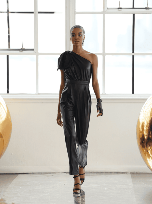 Black One Shoulder Jumpsuit with a Mesh Bow