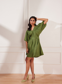 Moss Green Hemp V Neck Pleated Dress