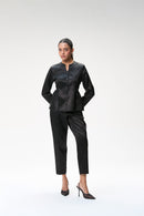Black Peplum Jacket With Side Gathers & Black Tapered Trouser