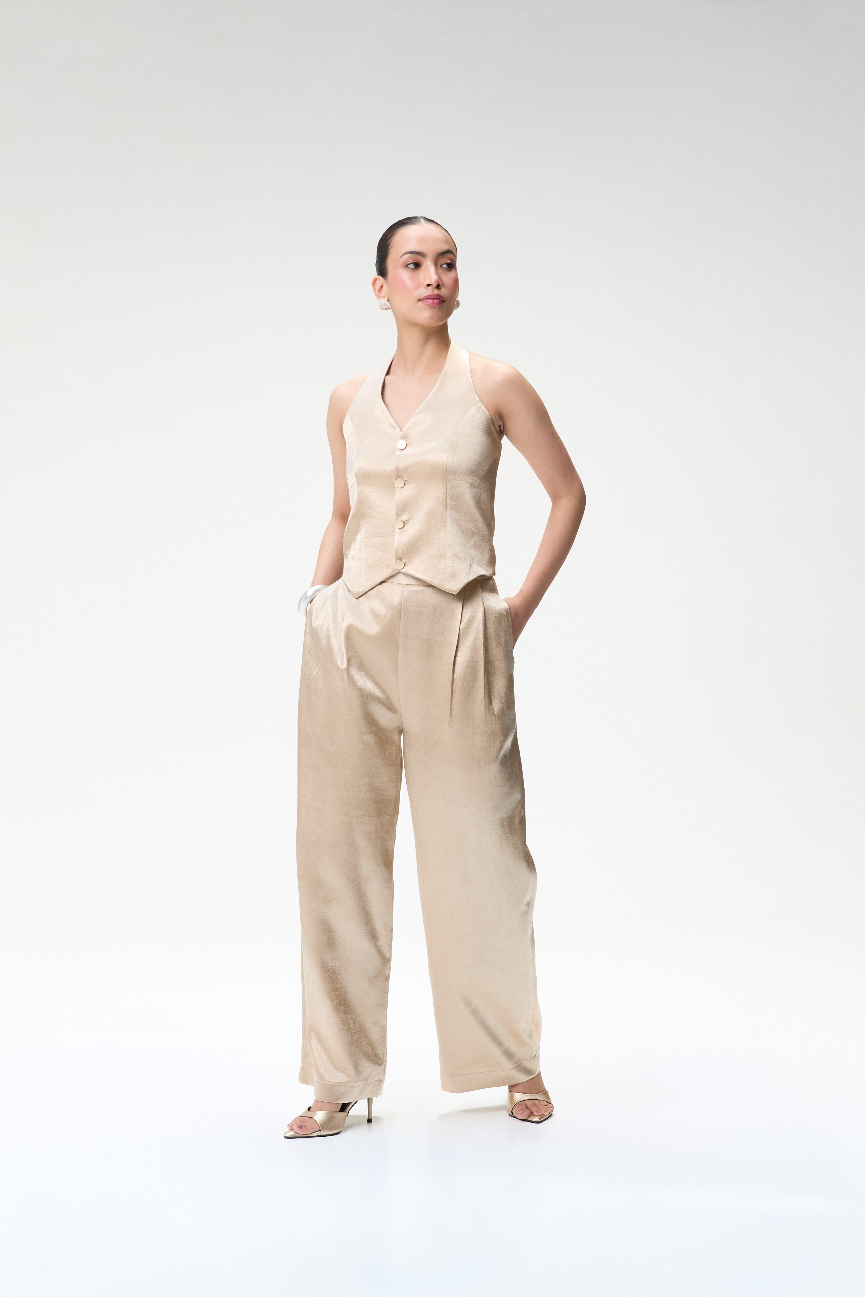 Champagne Halter Waistcoat With Gold Buttons & Champagne Trouser With Pleats