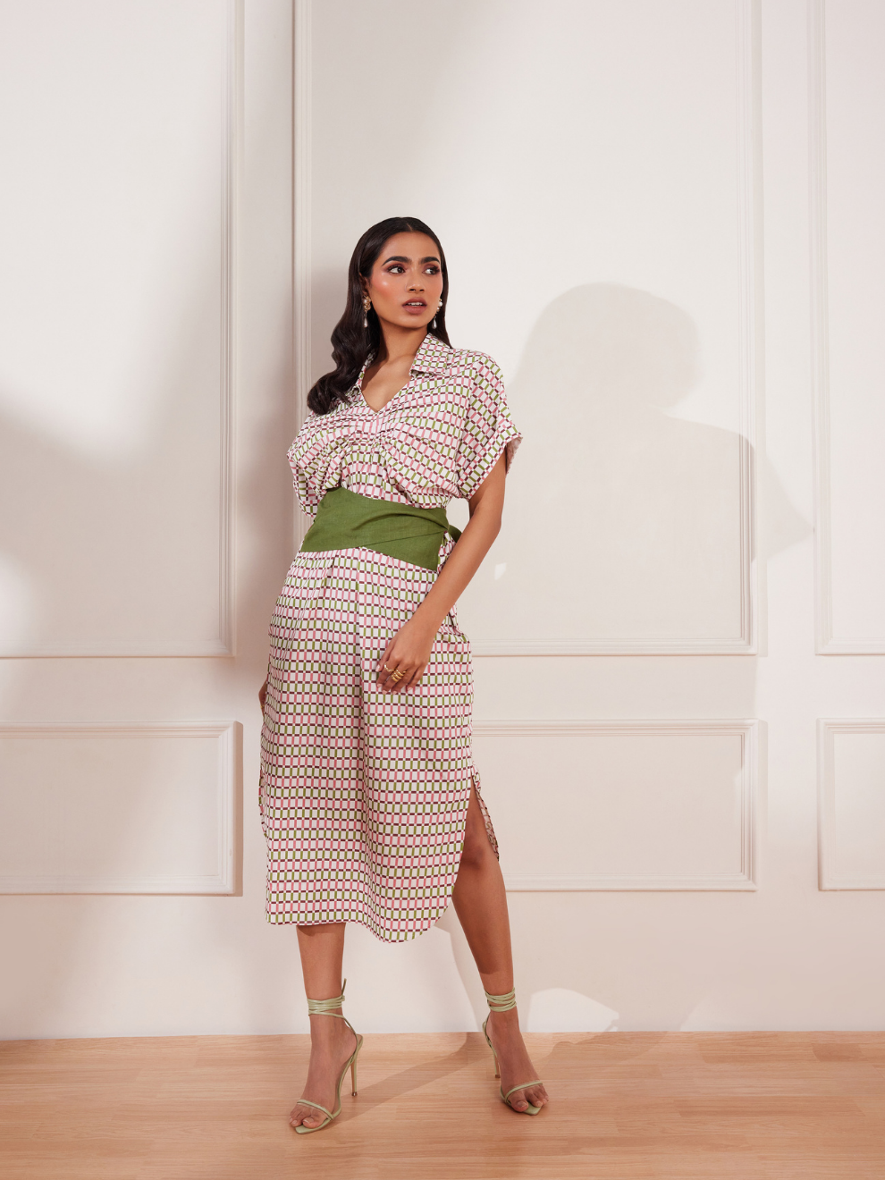 Checks Please Printed Belted Midi