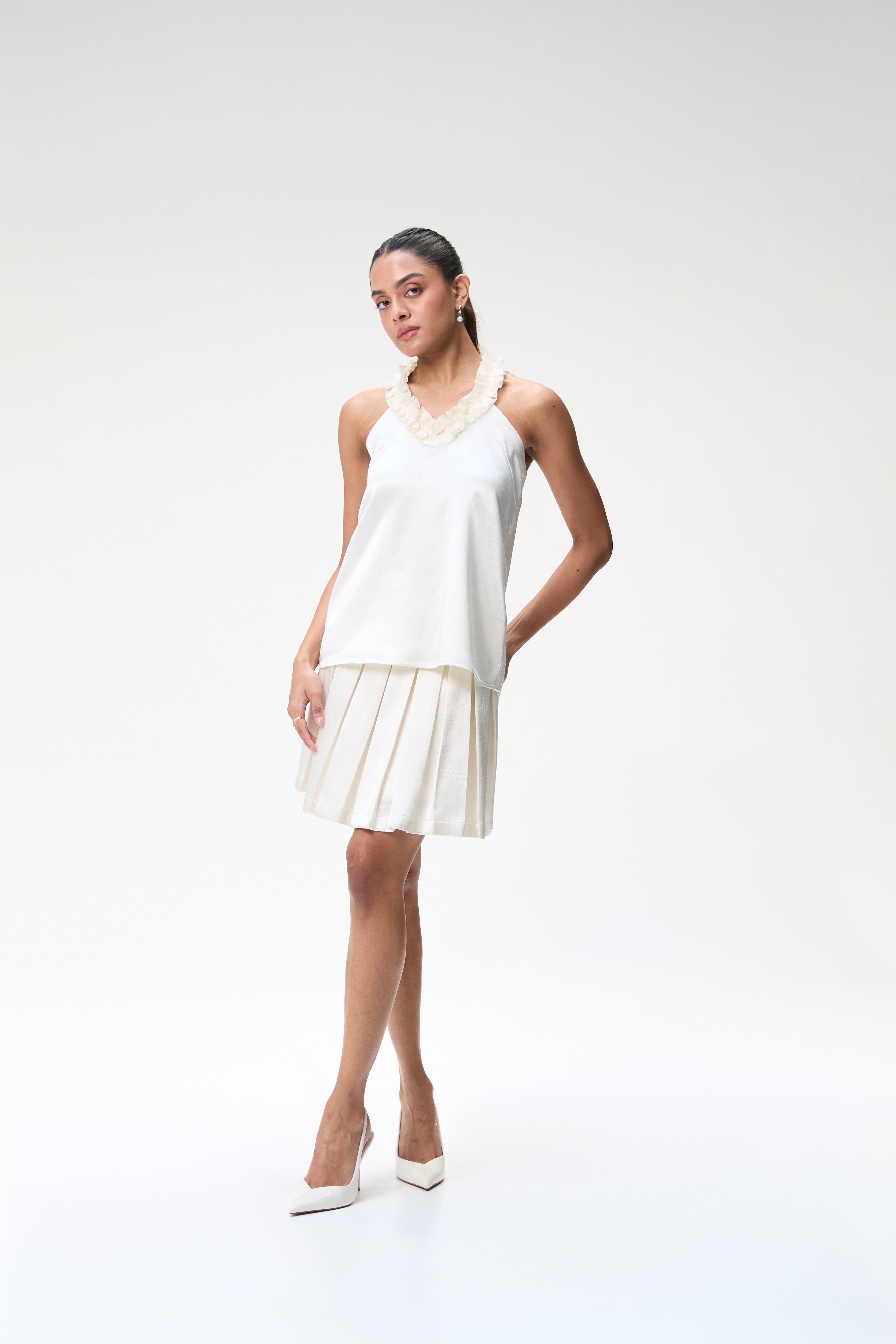 Ivory Halter Neck Top With Ruffle Detail