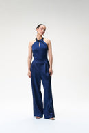 Midnight Blue Silk Jumpsuit With Contrast Collar