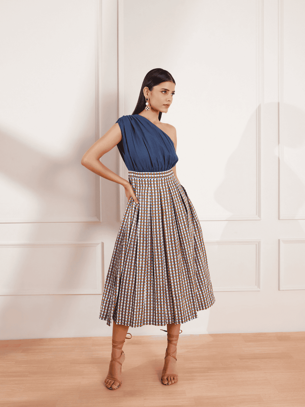 Summer Circle printed Colour Blocked One Shoulder Midi