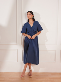 Moroccan Blue Hemp V-Neck Ruched Midi