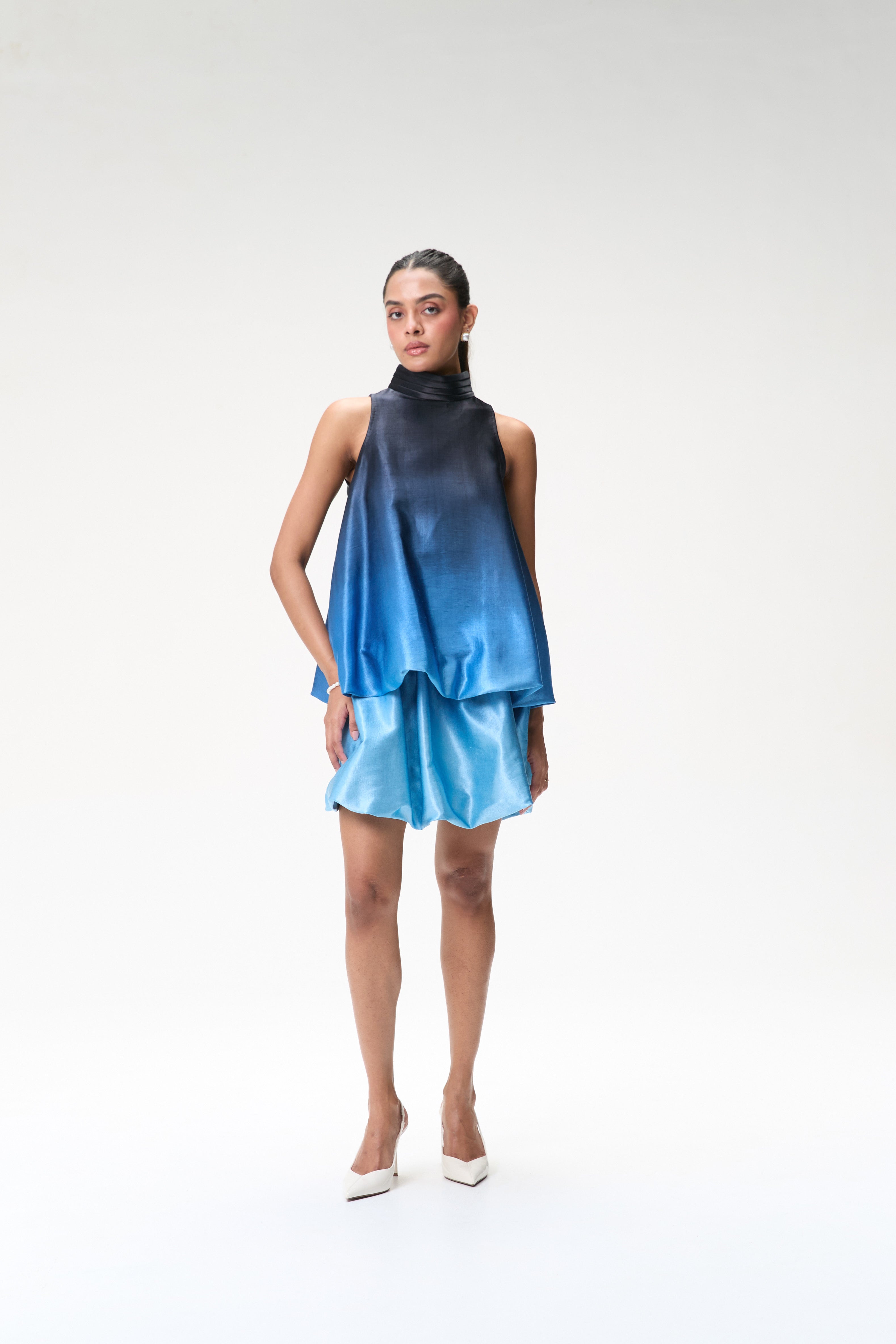 Midnight Blue Ombré Bubble Hem Halter Top & Blue Ombré Mini Bubble Skirt